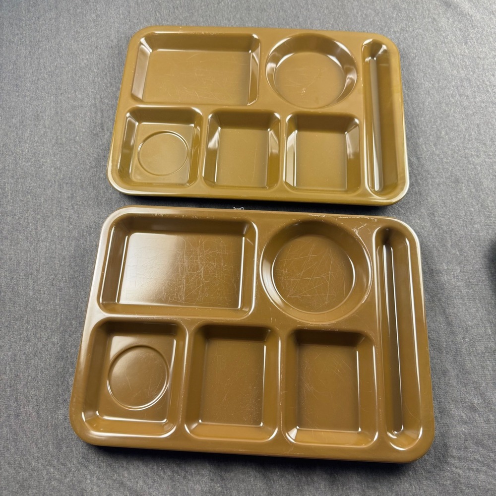 Vintage Brown Plastic 6 Compartment Cafeteria Mess Trays Set of 2 Stackable